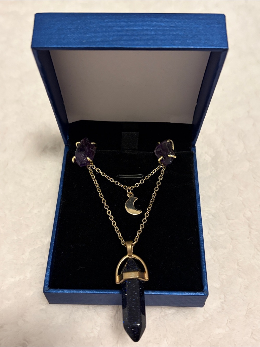 NWOT Gold-Tone Layered Necklace with Purple Stone & Moon Charm & Earrings Set